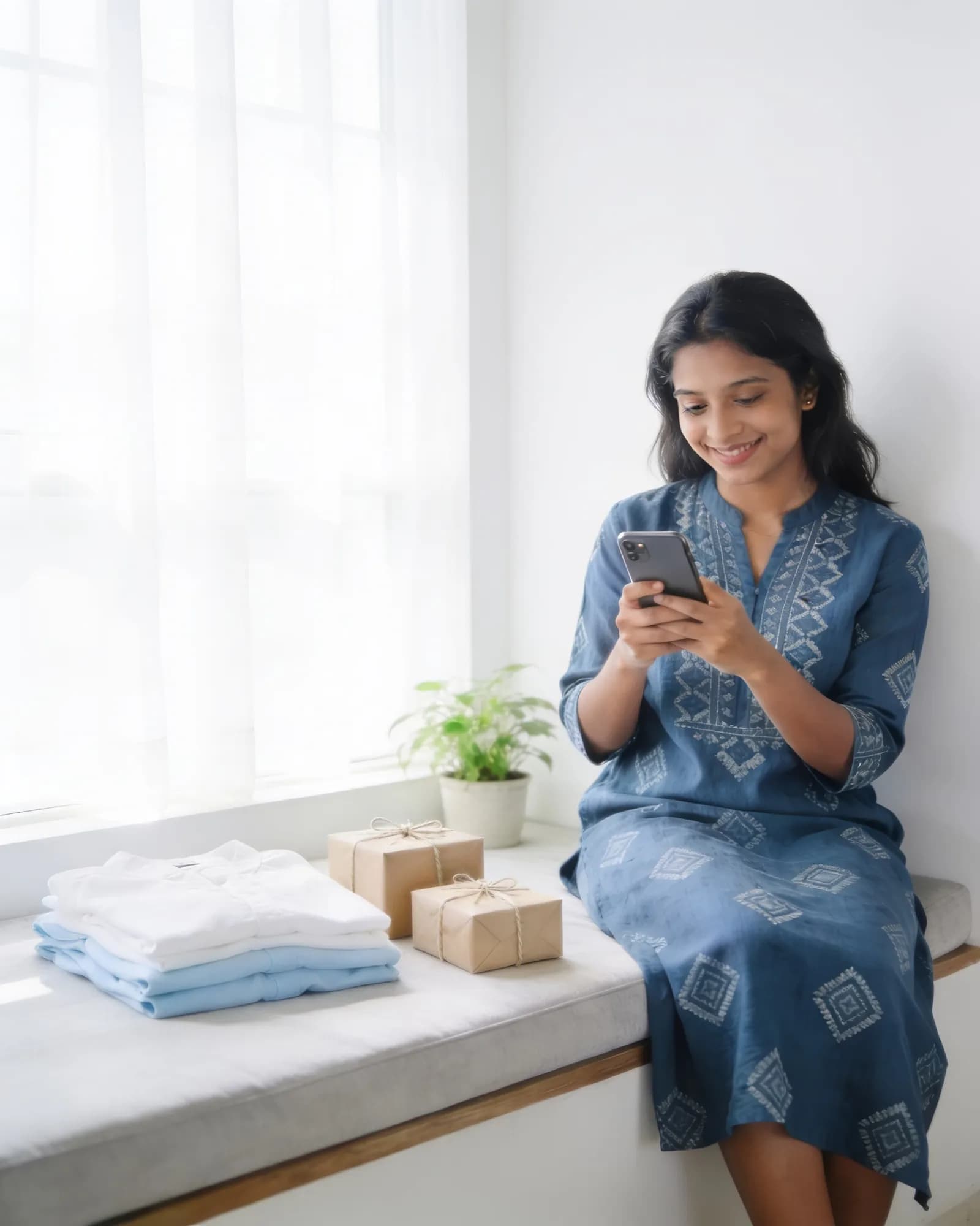 A seller in Dhaka smiling at her phone on a sunny window seat, next to folded shirts and two parcels ready to ship
